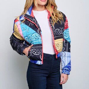 Handkerchief Design Multi Color Zip Up Puffer Jacket Semi Crop